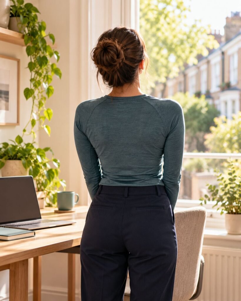 Desk worker standing at a home office, stretching her lower back to relieve stiffness