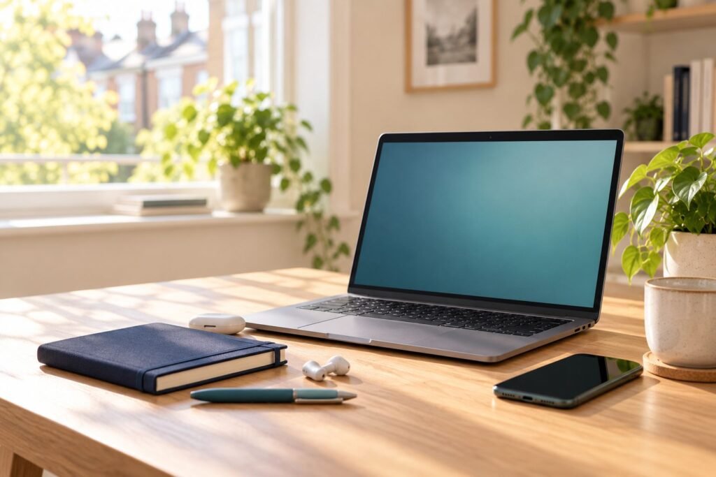 Laptop on a wooden desk in a bright room, set up for a free online physiotherapy consultation