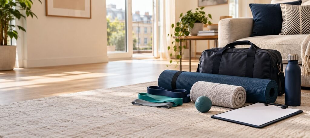 Exercise mat, foam roller, resistance bands and kit bag laid out in a living room before a physiotherapy session