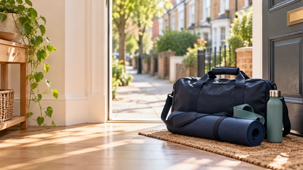 Physiotherapy kit bag, exercise mat and water bottle at the front door of a London terraced house