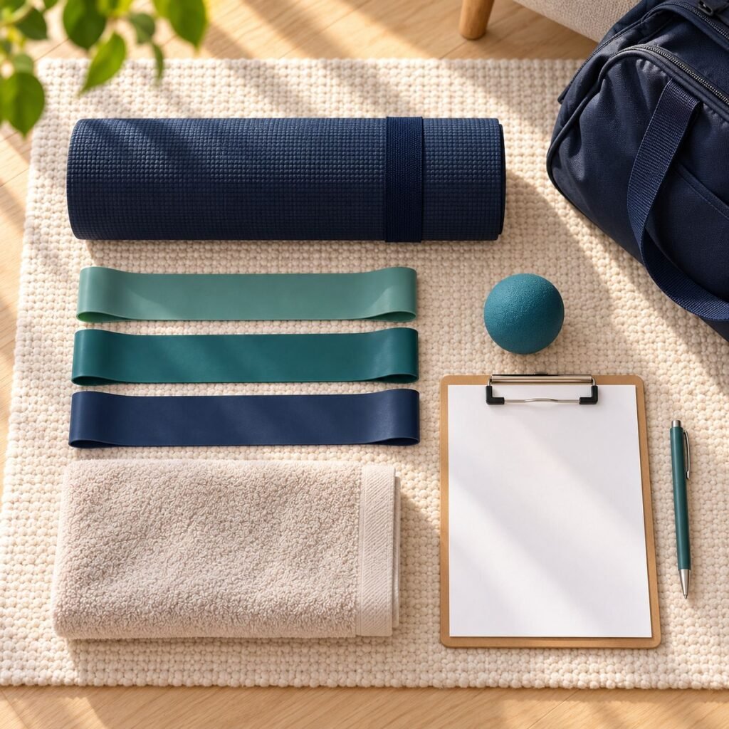 Physiotherapy equipment laid out on a rug: exercise mat, resistance bands, massage ball, towel and clipboard