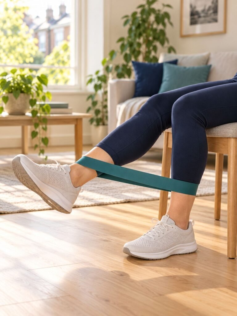 Client seated on a chair performing a resistance band leg exercise in a bright living room