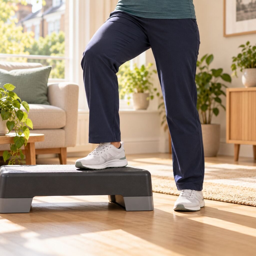 Client doing a step-up rehabilitation exercise on an aerobic step at home